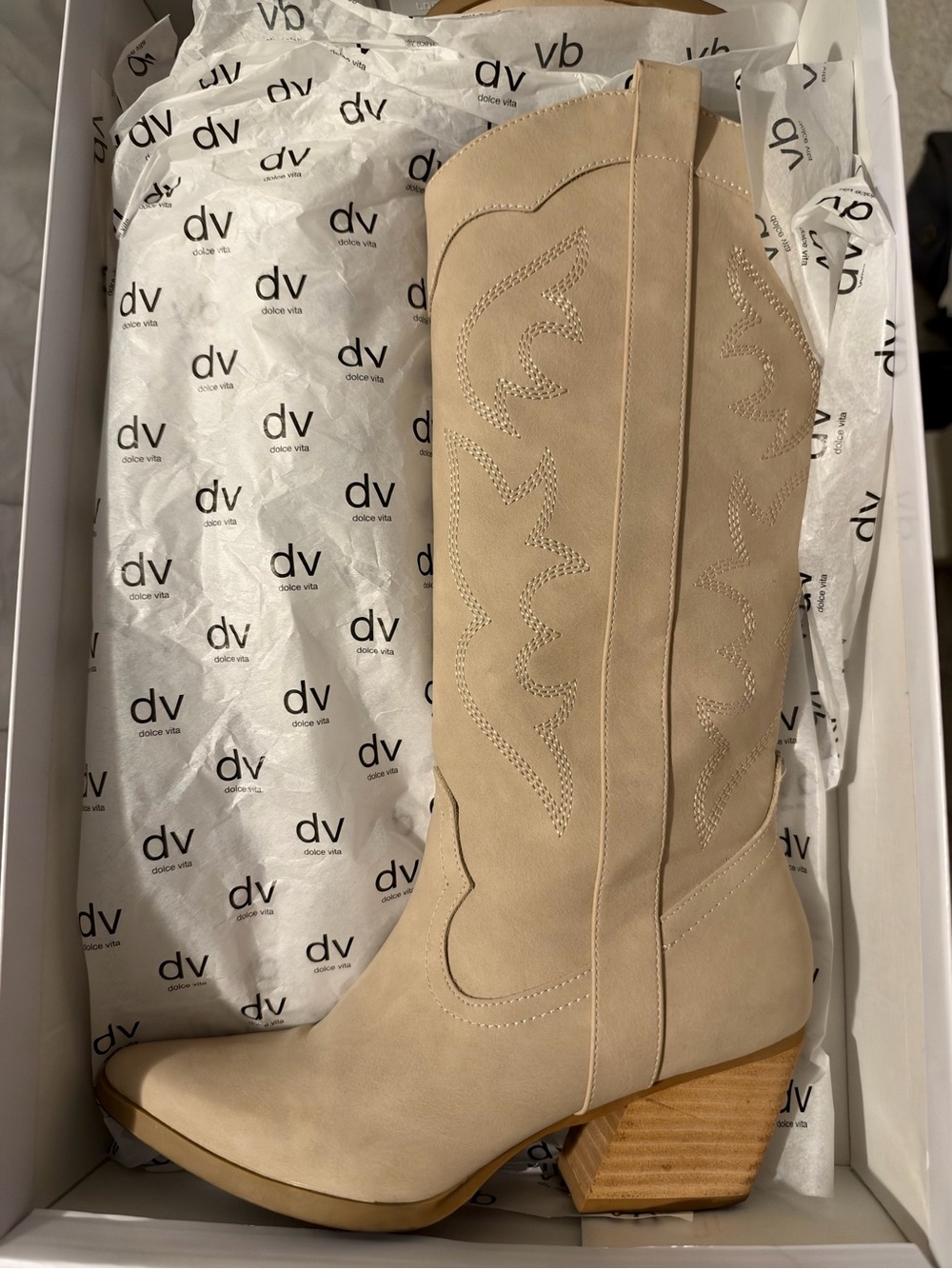 Dolce Vita Beige Suede Western Heeled Boot